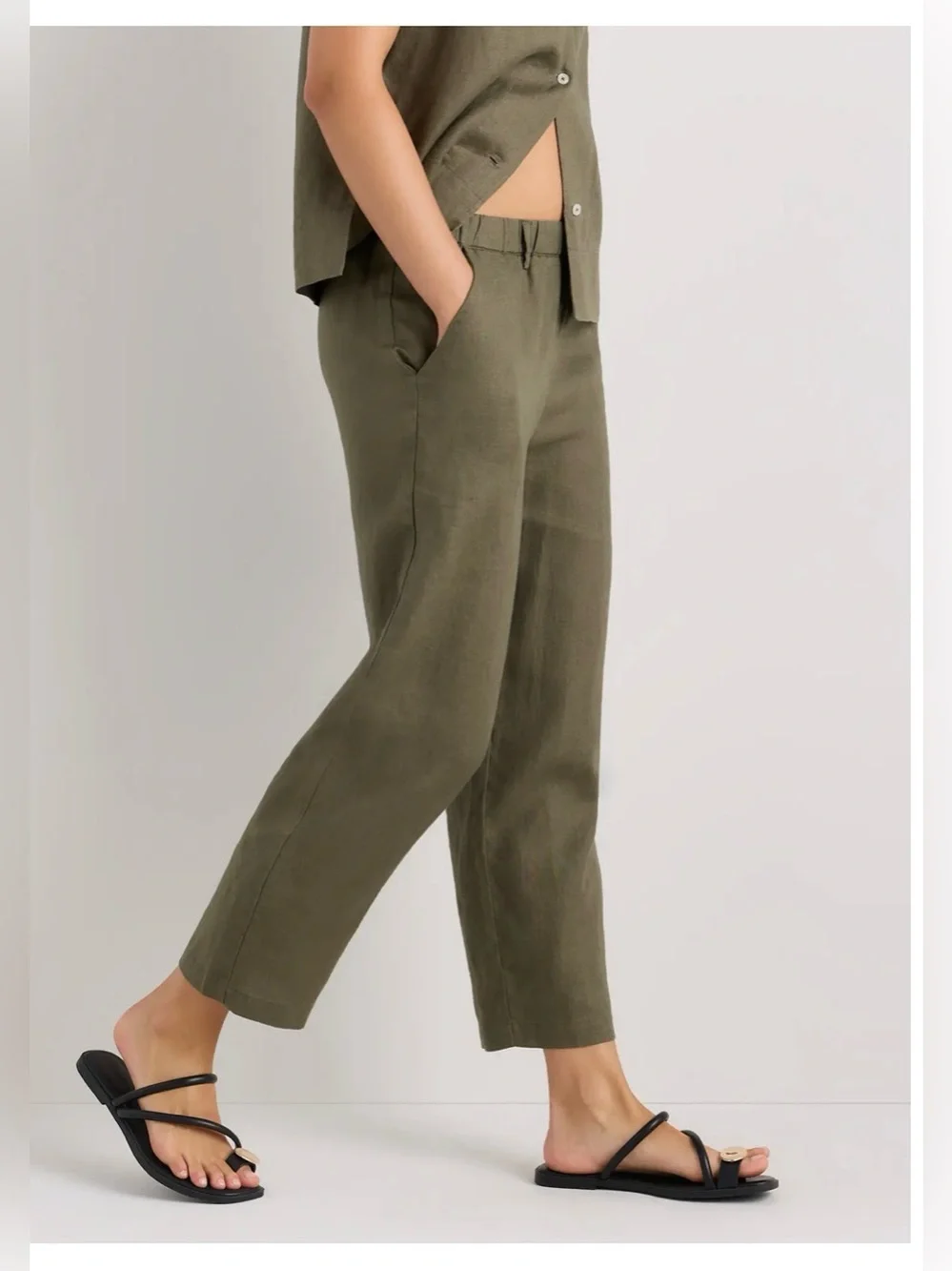 Quince 100% Linen Pants Pull On Tapered Olive Green , Large
